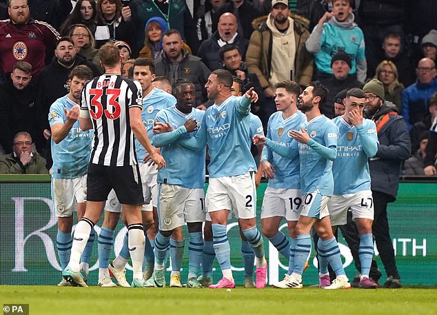 Newcastle's players were furious that the goal was allowed to stand after Anthony Gordon was severely challenged moments earlier