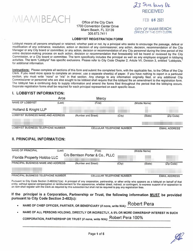 Papers provided to Miami Beach City showed that Pera had hired a lobbying firm to help him get plans for the building approved