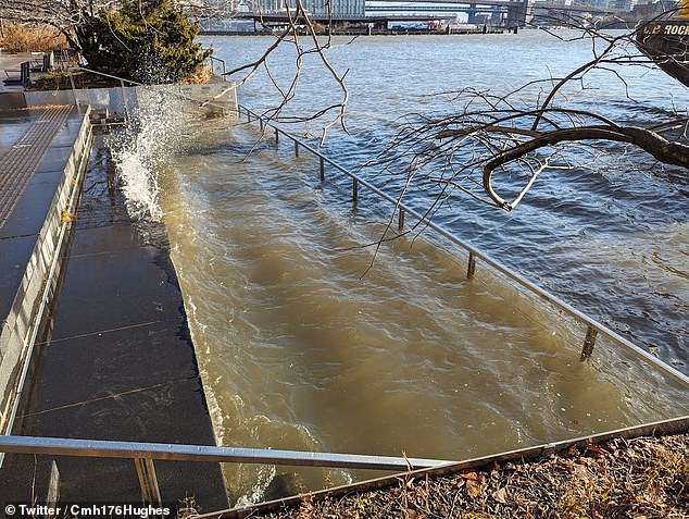 At least three parts of Hudson Tiver Park were closed Saturday morning because the walkway between Pier 51 on 12th St and Pier 40 on Houston St was flooded.