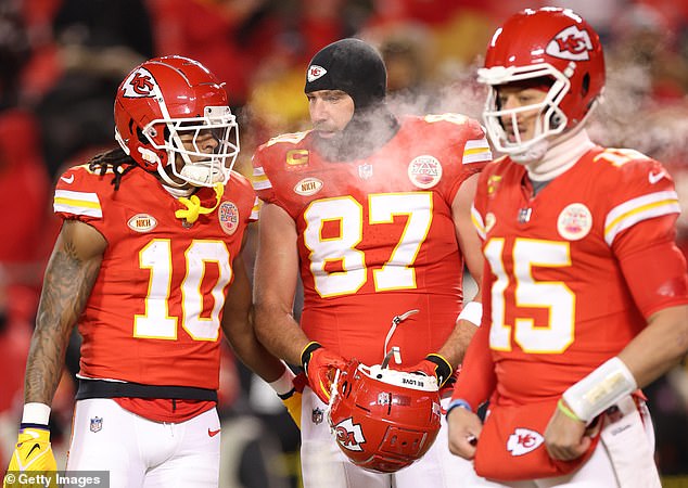 Isiah Pacheco #10, Travis Kelce #87 and Patrick Mahomes #15 try to stay warm before the match