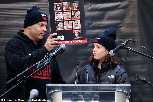 Hila Roten Shoshani, 13, stood next to her uncle Yair Rotem and spoke at the rally as the crowd applauded her for her courage in attending the event and recounted her horror experience.  Many sang, 