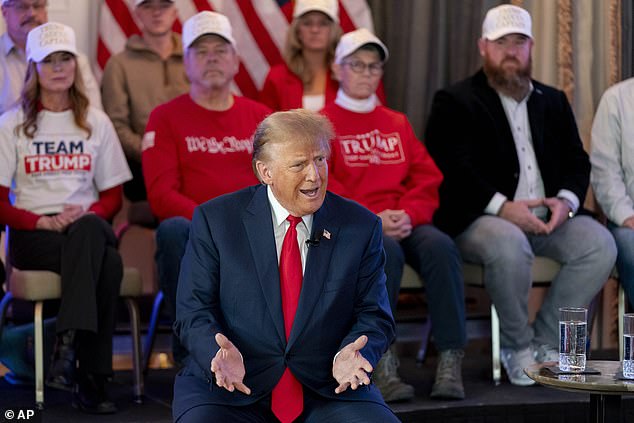 Republican presidential candidate, former President Donald Trump, attends a virtual rally at Hotel Fort Des Moines in Des Moines, Iowa