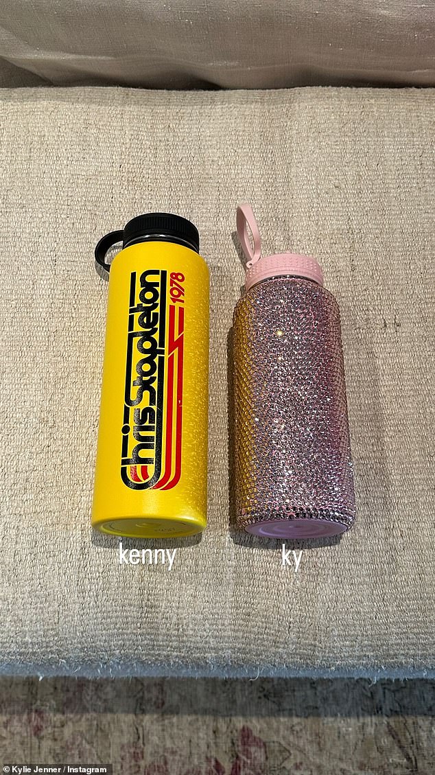 Kylie also shared a photo of Kendall's bright yellow, insulated Chris Stapleton water bottle next to her pink and bedazzled bottle