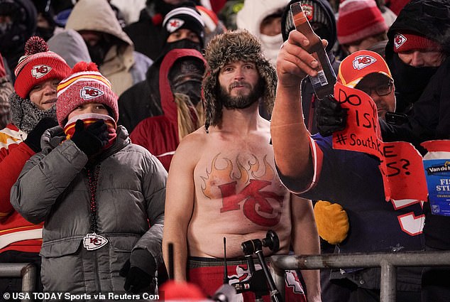 Some fans went shirtless, despite gusts of wind that created a wind chill of -27 degrees