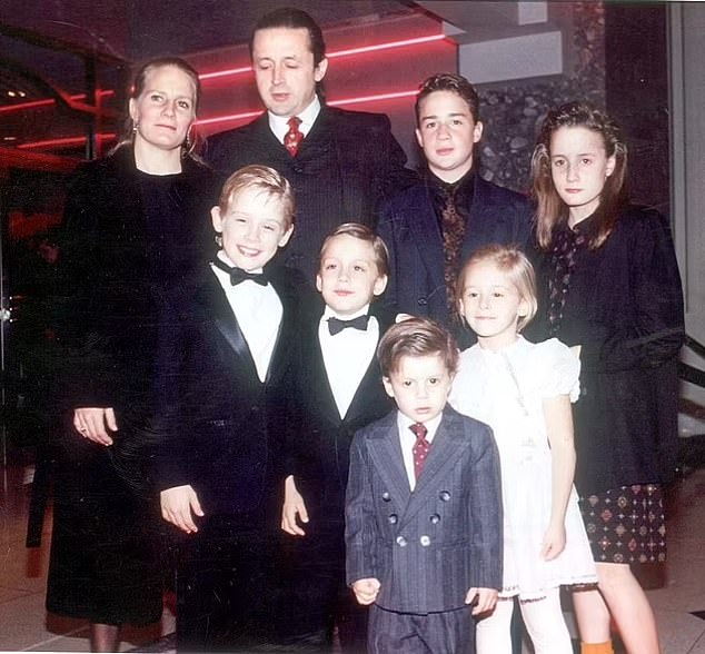 It was Macaulay's father Kit, who tried to give all six of Macaulay's siblings an on-screen career, but most stayed out of the spotlight.  Pictured: Kit and Patricia with six of their seven children in the 1990s.  Back row L-R: Patricia, Kit, Shane, Dakota.  Front row L-R: Maculay, Kieran, Rory, Quinn