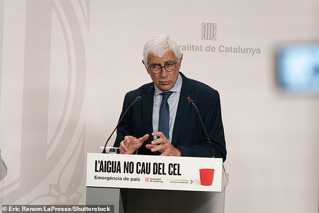 Authorities in Catalonia, including politician Manel Balcells (pictured), have ordered residents to limit daily water consumption to 200 liters per person, with emergency restrictions expected before the end of the month.