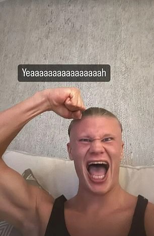 The Norwegian striker took to social media to post a selfie celebrating Oscar Bobb's 90th-minute winner, writing the accompanying caption: 'Yeaaaaaaaaaaaaaaaaah'