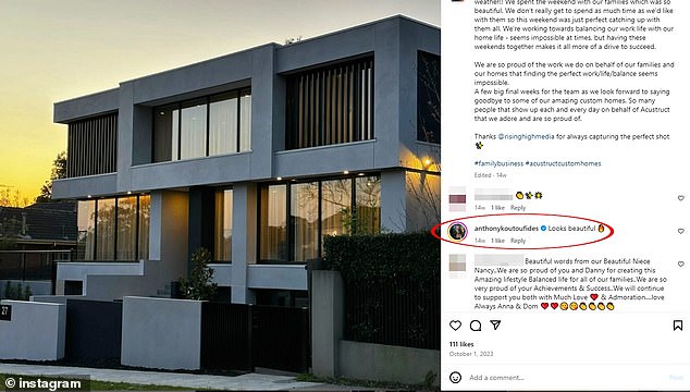 On October 1 – just days before he and his wife allegedly defaulted on his final bill and changed the locks on the mansion – Kouta left a glowing review on the builder's Instagram page beneath a photo of the mansion ( photo)