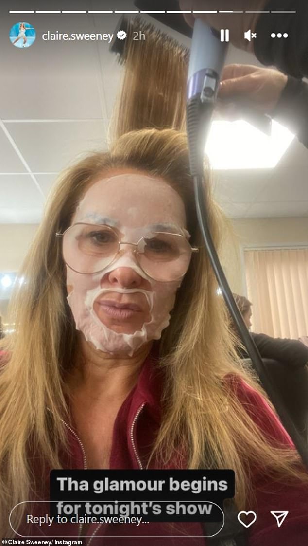 Meanwhile, another contestant on the show Claire Sweeney, 52, wore a sheet mask as she put on her glamour