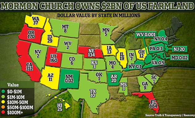 The Mormon Church owns at least $2 billion in U.S. farmland, according to a DailyMail.com analysis of data collected by the nonprofit newsroom Truth & Transparency.  But other estimates based on current market values ​​put the amount at $12 billion