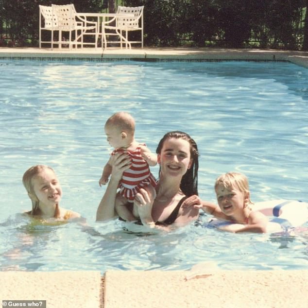 This week she turned 55 years old.  And a family member, who is much more famous than her, posted a flashback photo of her.  In the image, the star looks unrecognizable with bushy eyebrows and a gaunt face as she lies in a pool.  Who is she?