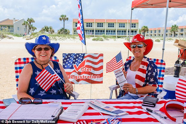 The number of active registered voters in the Sunshine State fell by nearly 1 million between 2022 and 2023.  Pictured are two women at a voter registration booth on St. Augustine Beach in Florida in 2020.