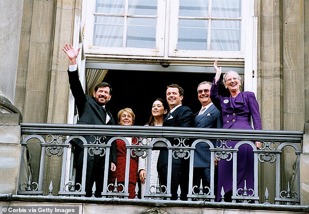 The day Prince Frederik of Denmark announced his engagement to Mary Elisabeth Donaldson.  Here the families appear on the balcony of the Amalienborg Palace before a crowd of Danish well-wishers.  Mary's father John Donaldson and stepmother Susan Modie are on the left