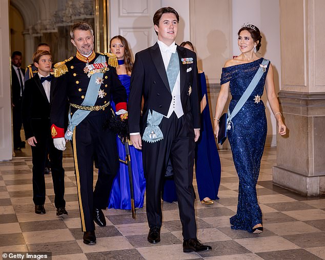 Prince Vincent of Denmark, Crown Prince Frederik, Princess Isabella, Prince Christian, Princess Josephine and Crown Princess Mary attend a gala dinner to celebrate Christian's 18th birthday