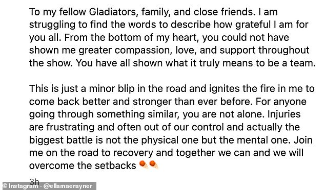 Not long after her accident, Ella-Mae, who wasn't the only Gladiator to suffer an injury during filming, took to Instagram to tell fans what happened