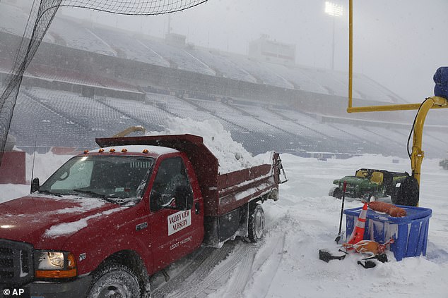 A truckload of snow will be removed from Highmark Stadium in Orchard Park, New York on Sunday