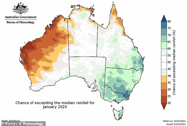 It's a tale of two countries, with the Bureau of Meteorology showing very different rainfall forecasts for the east and west coasts of Australia (pictured)