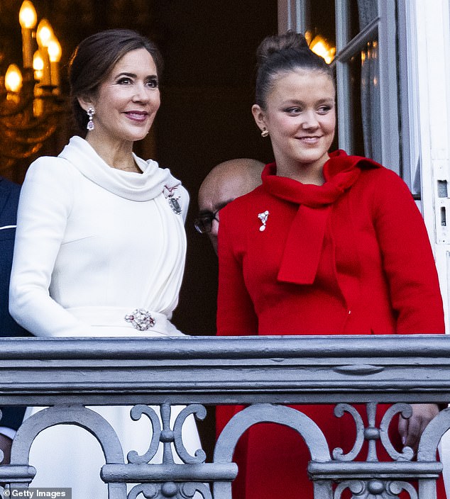 On her red Carolina Herrera coat, Princess Isabella, 16, pinned a pearl and diamond brooch gifted by Queen Margrethe