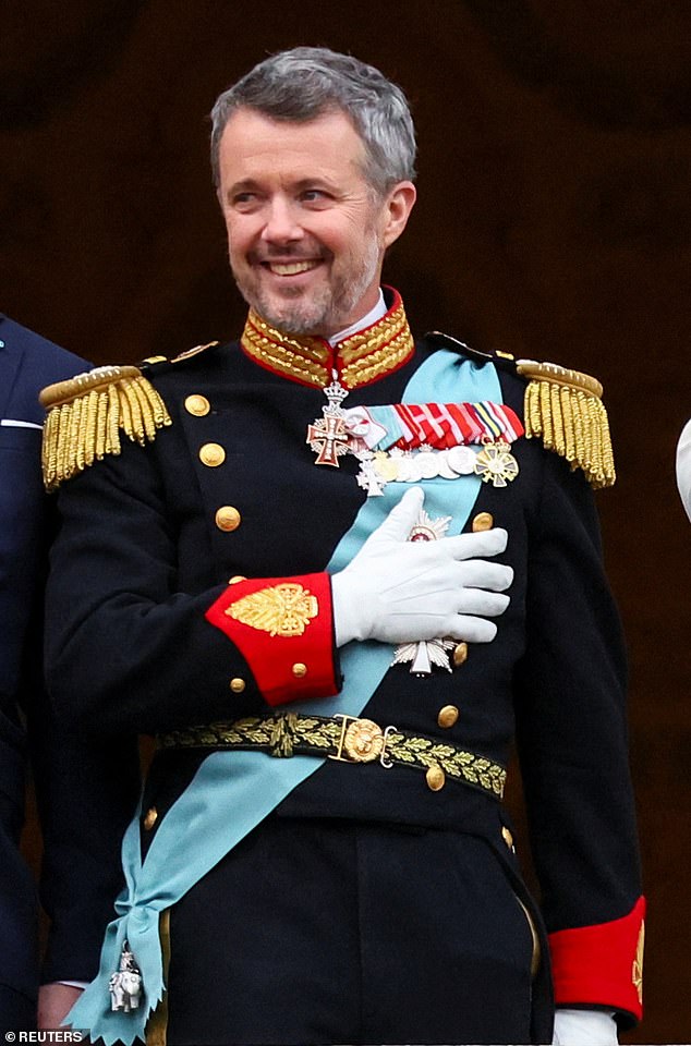 King Frederick wore a blue sash with an elephant pendant, an emblem of Denmark's highest award, the Order of the Elephant, which will not be awarded to his children