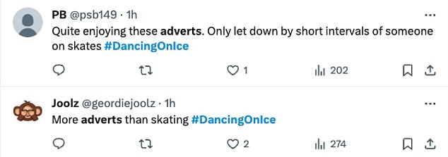 On X, formerly known as Twitter, one viewer wrote: 'Dancing on Ice?  They should have called it Dancing Between Ads.”