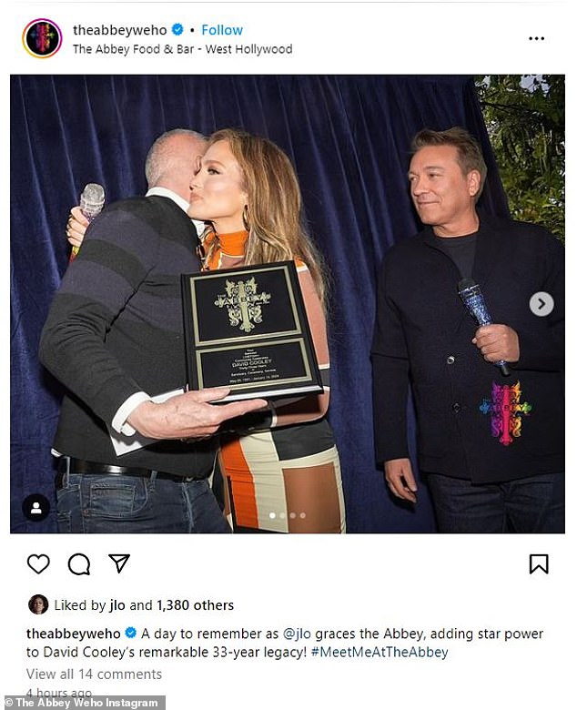 The Jenny From The Block star honored David Cooley, who founded The Abbey, a West Hollywood retreat for the LGBTQ+ community, for his 33 years of service