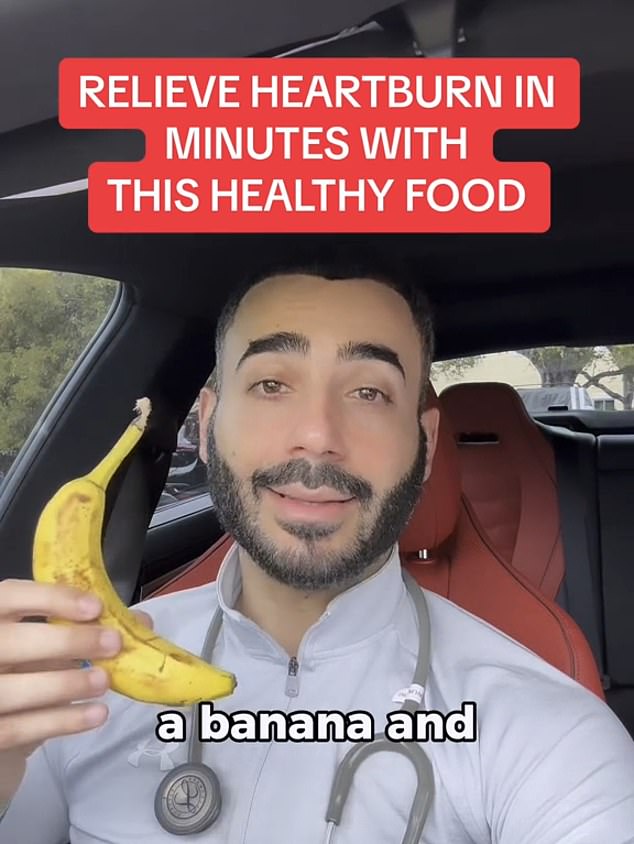 Dr.  Salhab revealed that eating a banana relieved his heartburn in less than 30 seconds.  This is because bananas are low in acid and high in alkaline, which soothes the stomach