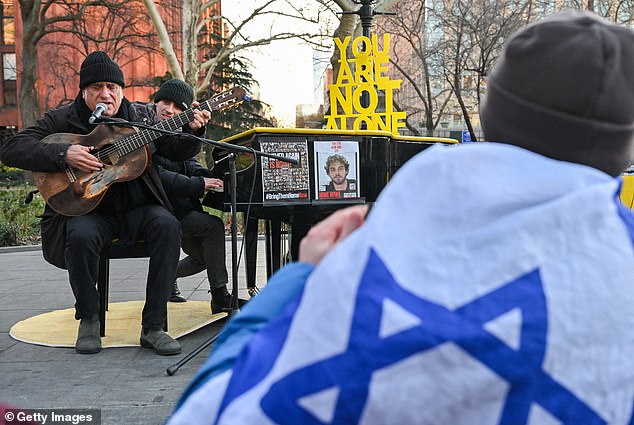 Israeli singer David Broza performs at The Yellow Piano NYC on the 100th day since Hamas's attack on Israel on October 7 in Washington Square Park on January 14, 2024 in New York City