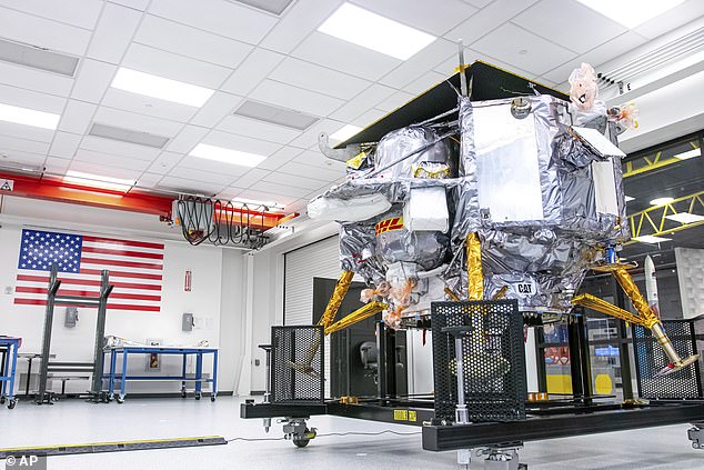 Photo shows the Peregrine lunar lander at the company's factory in Pittsburgh in October 2023. Peregrine suffered a serious fuel loss during its journey to the moon