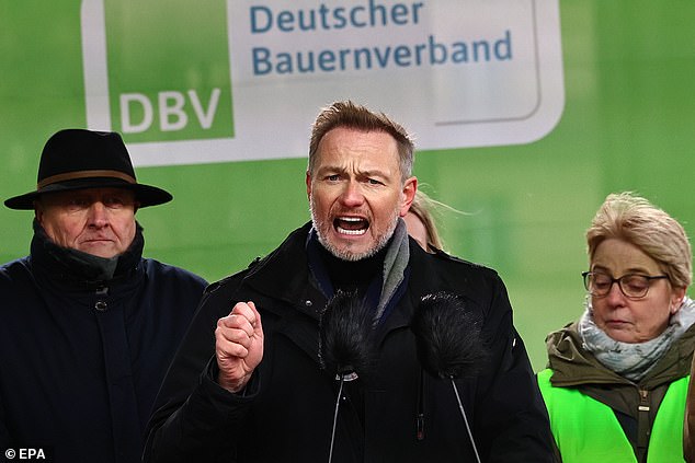 Political figures did little to calm the protesters, with Finance Minister Christian Lindner (pictured, centre) telling a cheering crowd that there was no more money for further subsidies.