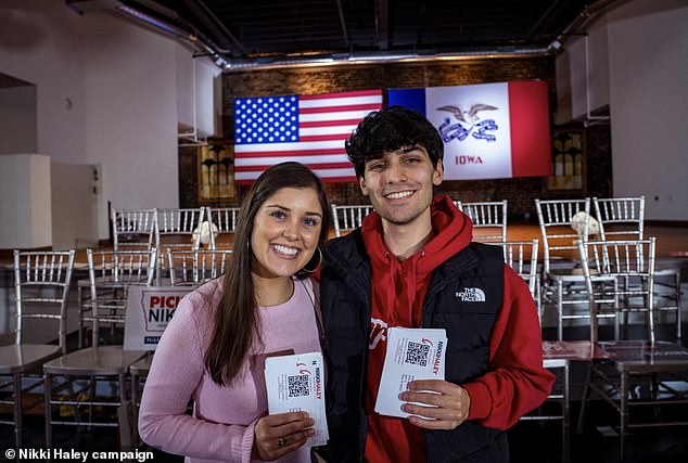 Rena Haley, 26, and Nalin Haley, 22, come out to hear their mother Nikki Haley speak on Thursday in Cedar Rapids, Iowa (pictured) and earlier in Ankeny, Iowa