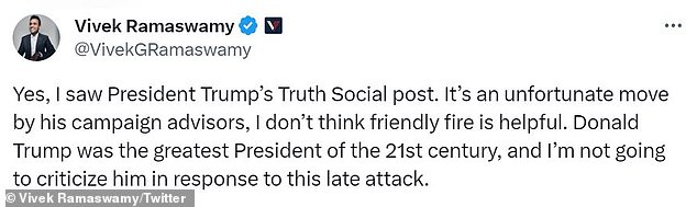 Ramaswamy, who has expressed support for the former president in the past, took to X later that evening to express his shock at Trump's post