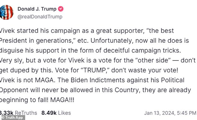 The criticism was sharp and saw the former president snub the only Republican who has expressed support for him in the past