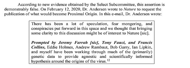 In an email to the publisher of Nature Medicine, the journal that published the Proximal Origins article, co-author Dr. Kristian Andersen wrote that Drs. Collins and Fauci 