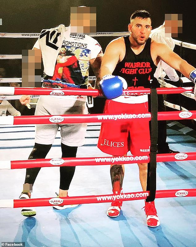 Elices claimed a championship belt when representing the boxing club in 2019, taking the title while wearing his signature scarlet shorts with his name on them (pictured)