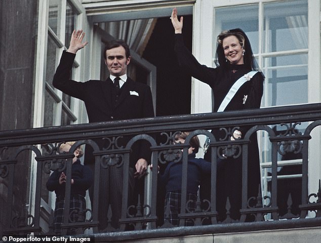 Queen Margrethe is pictured wearing her ruby-and-diamond brooch during her proclamation in 1972