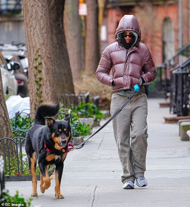 The star, clad in a pink puffer for warmth, paired a gray hoodie and a set of distressed khaki trousers to complete her look