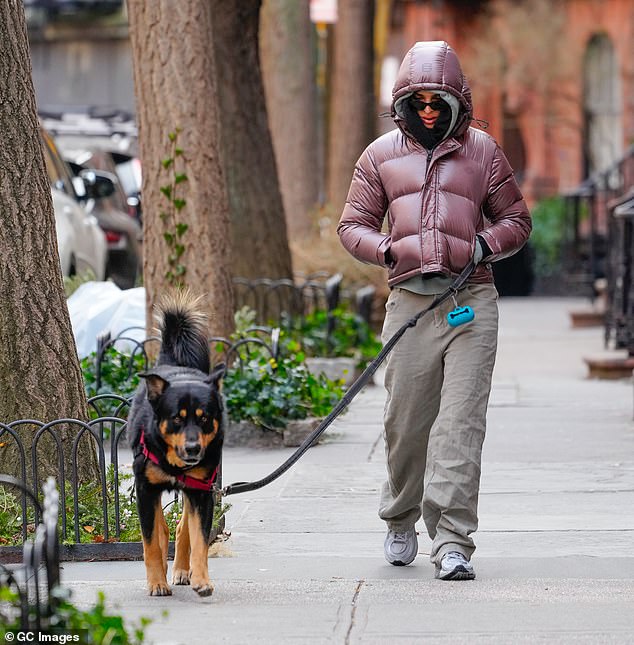 She added designer shades to the mix as she took her adorable dog Colombo for a walk on the sidewalk