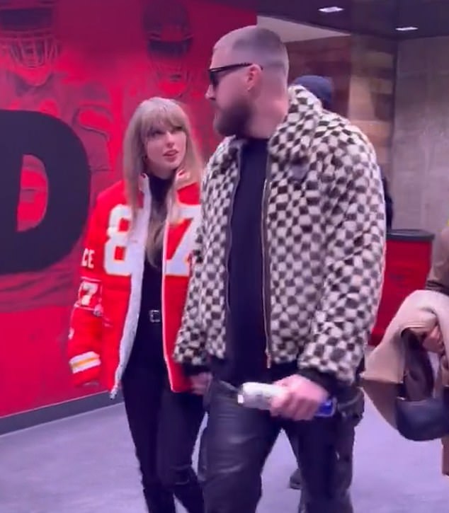 Swift wore a specially designed jacket with Kelce's name and number on it for the game.  The two lovebirds were spotted at Arrowhead Stadium late Saturday night