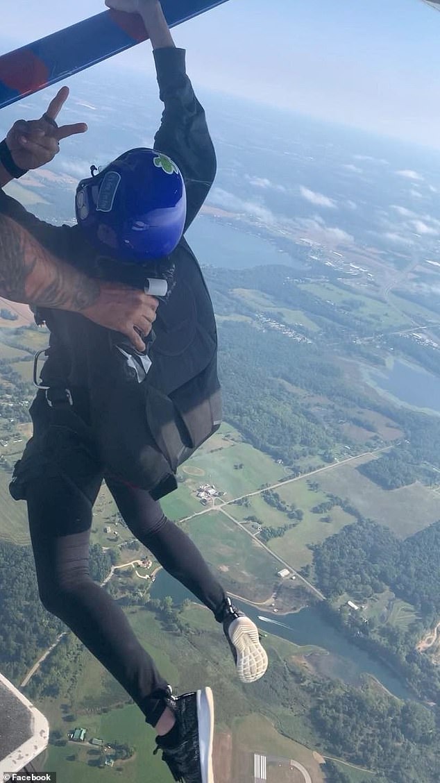 The 28-year-old (pictured here on an unrelated skydiving trip) is the only victim to have been publicly named.  Police described the others simply as 'adults'