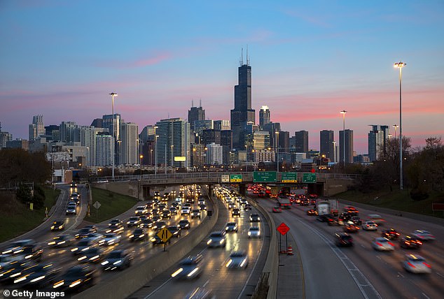 Illinois was second with 452 of the 4,731 fatal crashes involving a collision.  Cars are seen on the Kennedy Expressway in Chicago