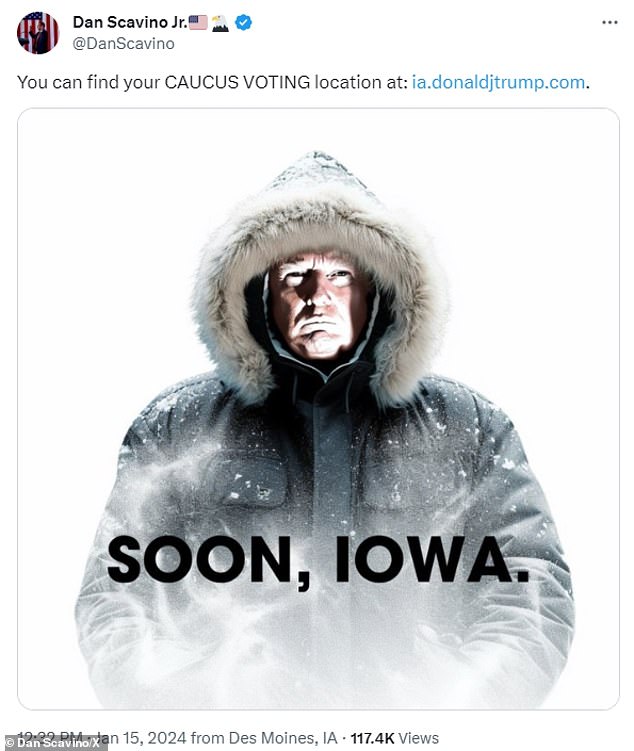 Bundle up!  Trump aide Dan Scavino posted an altered image of Trump wearing a parka in the snow and urged Iowans to rally Monday night