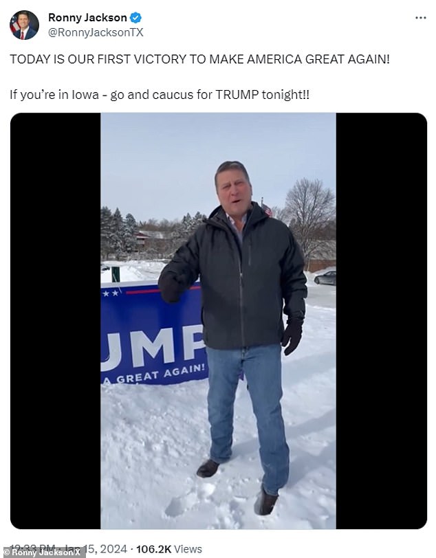 Representative Ronny Jackson posted a photo of himself in the snow near a Trump sign