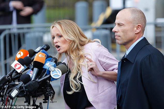 Daniels is seen speaking outside court with her then-attorney, Michael Avenatti, on April 16, 2018