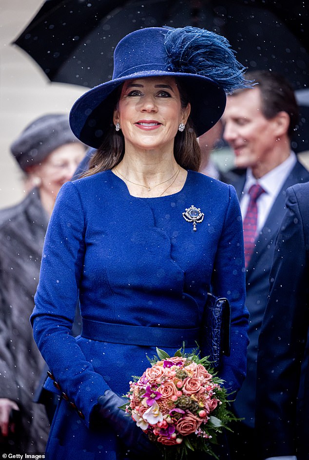 Queen Mary of Denmark (pictured) arrives to take part in the Danish Parliament's celebration of the succession to the throne at the Danish Parliament on January 15, 2024 in Copenhagen