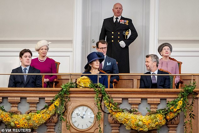 Danish King Frederik, Queen Mary and Crown Prince Christian visit the House of Parliament for the first time in their new official roles, together with former Queen Margrethe, Prince Joachim and Princess Benedkeek on January 15, 2024