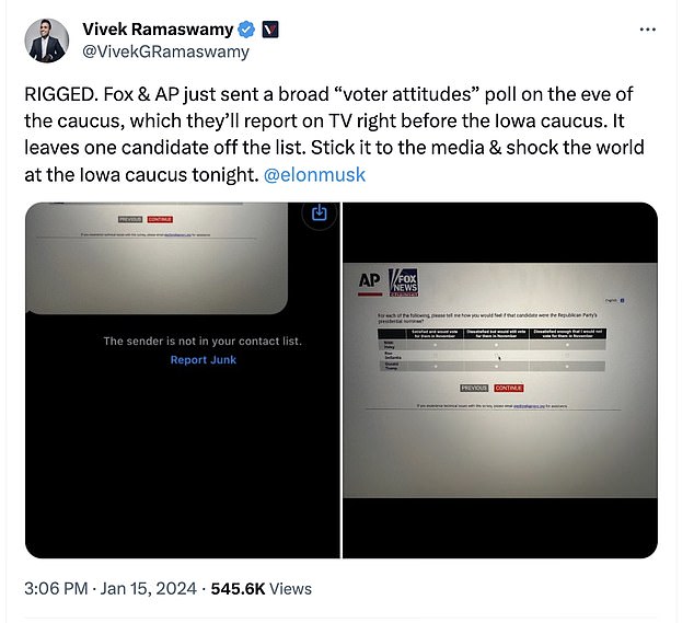 Ramaswamy posted an Associated Press and Fox News poll on X Monday that gave respondents just three choices: former President Donald Trump, Florida Governor Ron DeSantis and former UN official.  Nikki Haley