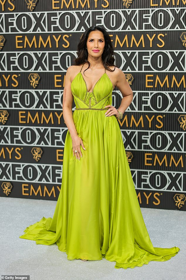 Posing on the red carpet, the 53-year-old model turned heads in a chartreuse-colored dress with a plunging neckline and a flowing, floor-length skirt