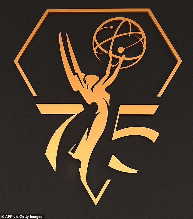 The 75th Emmy Awards logo is on display at the Peacock Theater at LA Live in Los Angeles