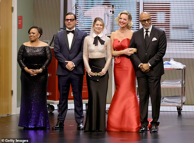 Pompeo reunited with the cast of her hit ABC show at the event, pulling her blonde locks into a wispy updo