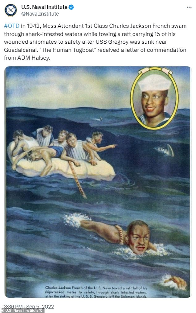 Charles Jackson French served in the United States Navy during World War II.  His ship was sunk by Japanese forces.  He saved the lives of 15 of his shipmates by swimming through shark-infested waters near the Solomon Islands while dragging a life raft around his waist.